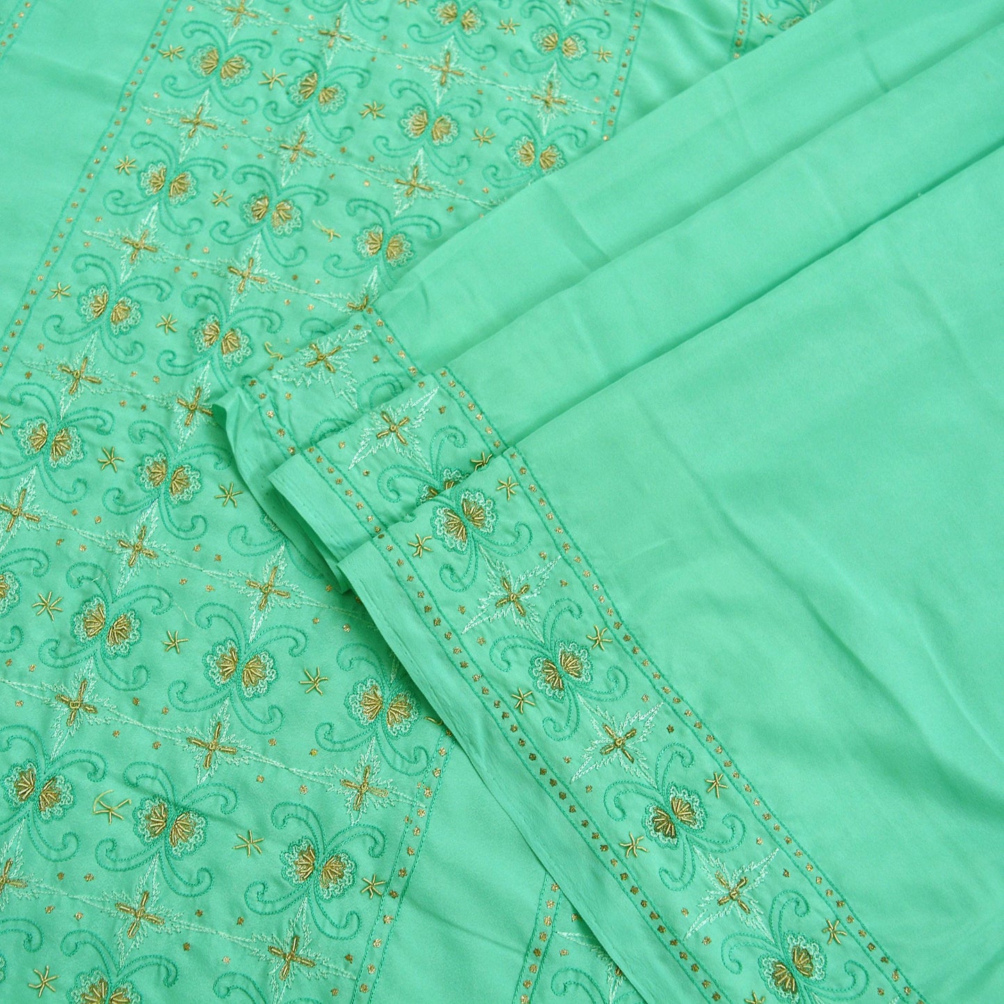 Indian Vintage Sari Green Art Silk Hand Embroidered Sarees Craft Fabric 5Yd Sewing Soft Golden Zardozi/Zari Floral Upcycle Dress Making used
