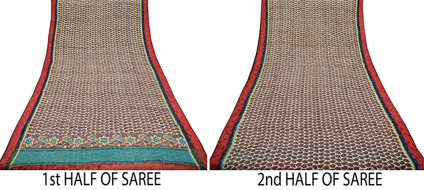 Indian Vintage Sari Cream Pure Chiffon Silk Printed Sarees Craft Fabric Sewing 5Yd Soft Dress Making Zari Border Quilting For Crafting Used