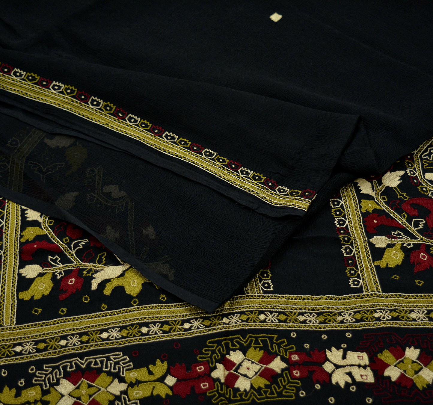 Indian Vintage Sari Black Pure Chiffon Silk Hand Embroidered Sarees Craft Fabric 5Yd Soft Dress Making Sewing Quilting For Crafting Used