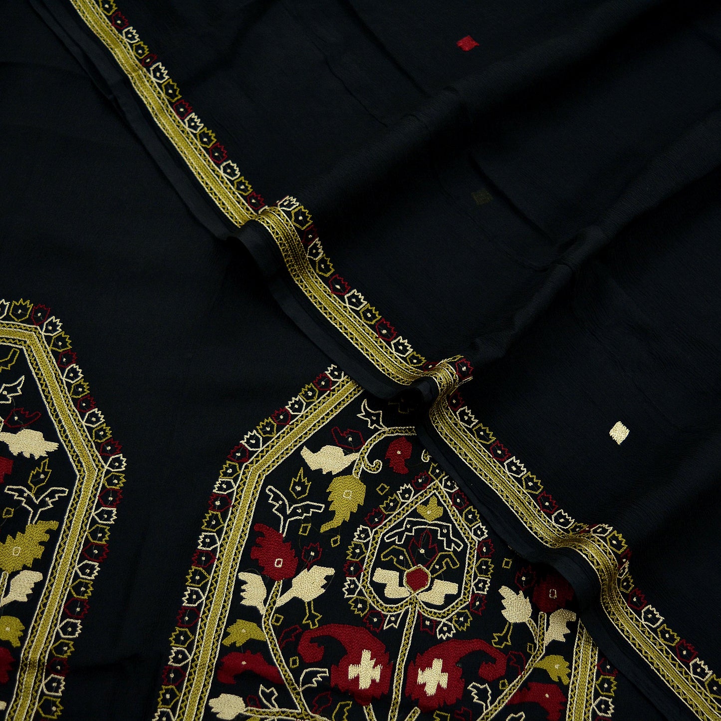 Indian Vintage Sari Black Pure Chiffon Silk Hand Embroidered Sarees Craft Fabric 5Yd Soft Dress Making Sewing Quilting For Crafting Used