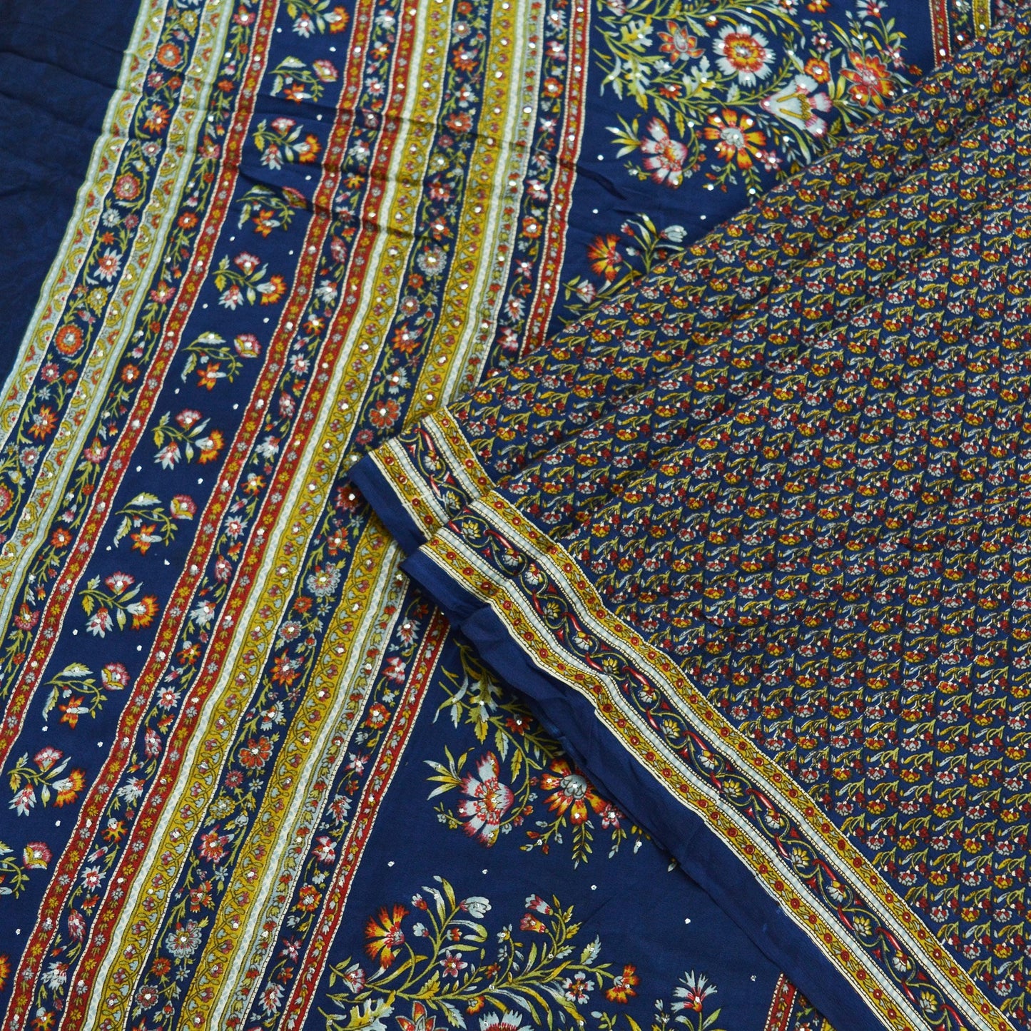 Indian Vintage Sari Blue Pure Crepe Silk Mukesh Work Printed Sarees 5yd Sewing Craft Fabric Floral Soft Ethnic Upcycle Dress Making Quilting