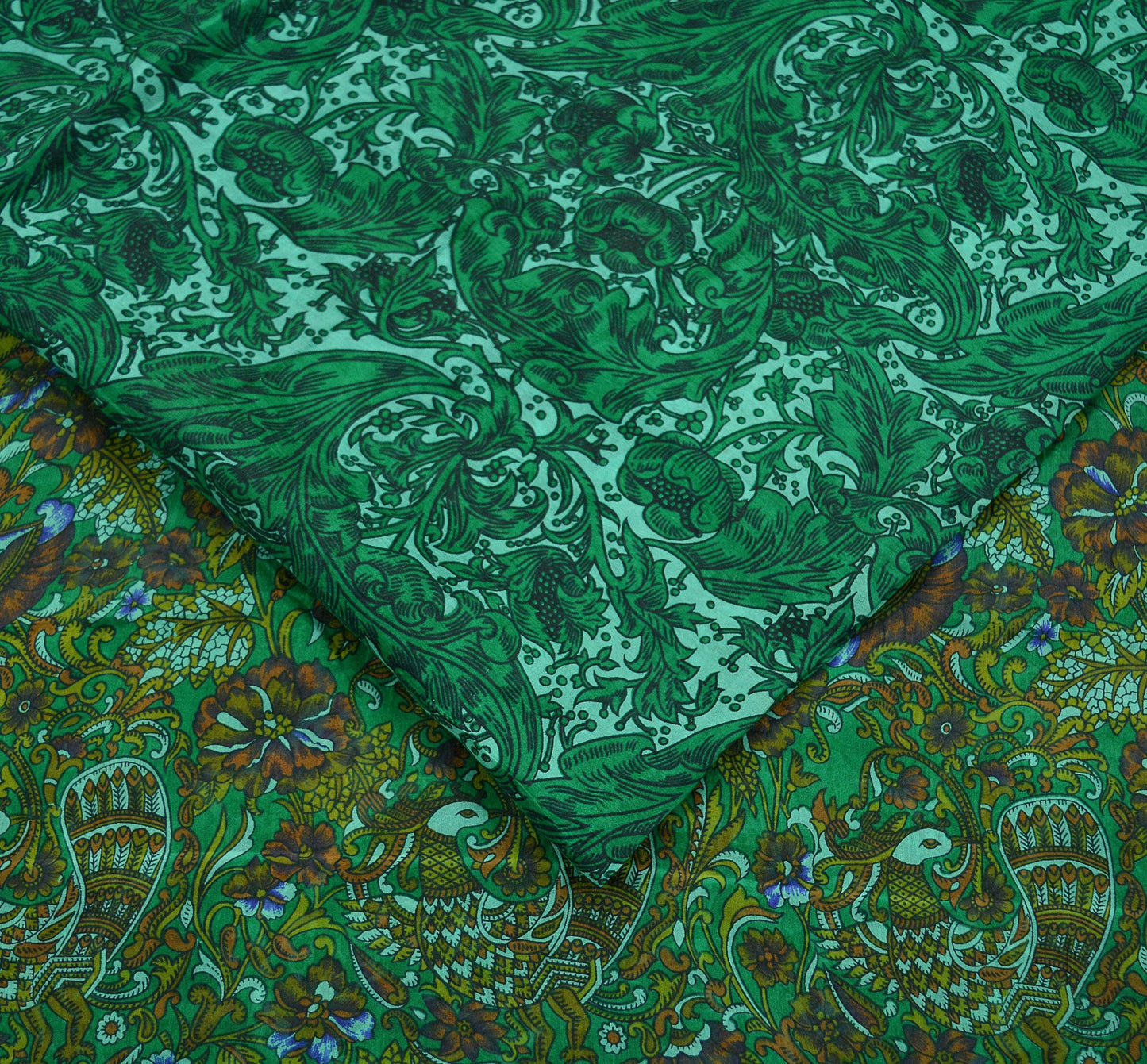 Indian Vintage Sari Green Pure Silk Printed Sarees 5yd Sewing Craft Fabric Dress Making Peacock Wrap Upcycle Used Quilting Crafting