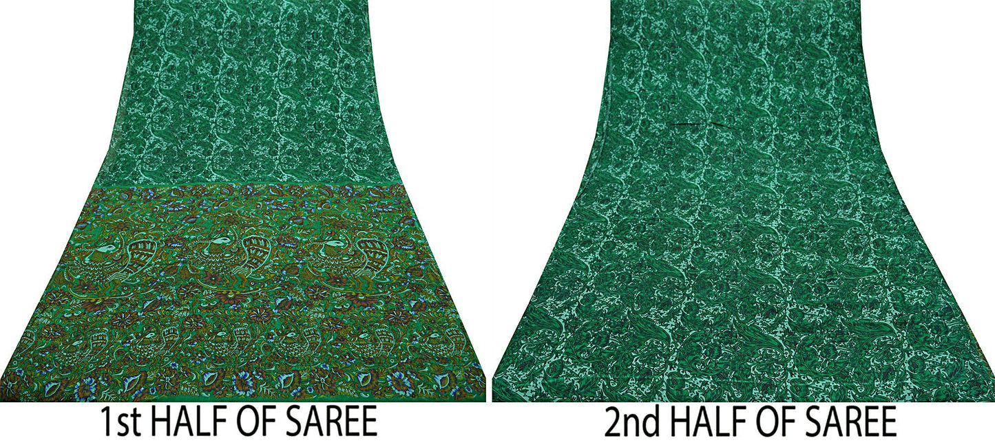 Indian Vintage Sari Green Pure Silk Printed Sarees 5yd Sewing Craft Fabric Dress Making Peacock Wrap Upcycle Used Quilting Crafting