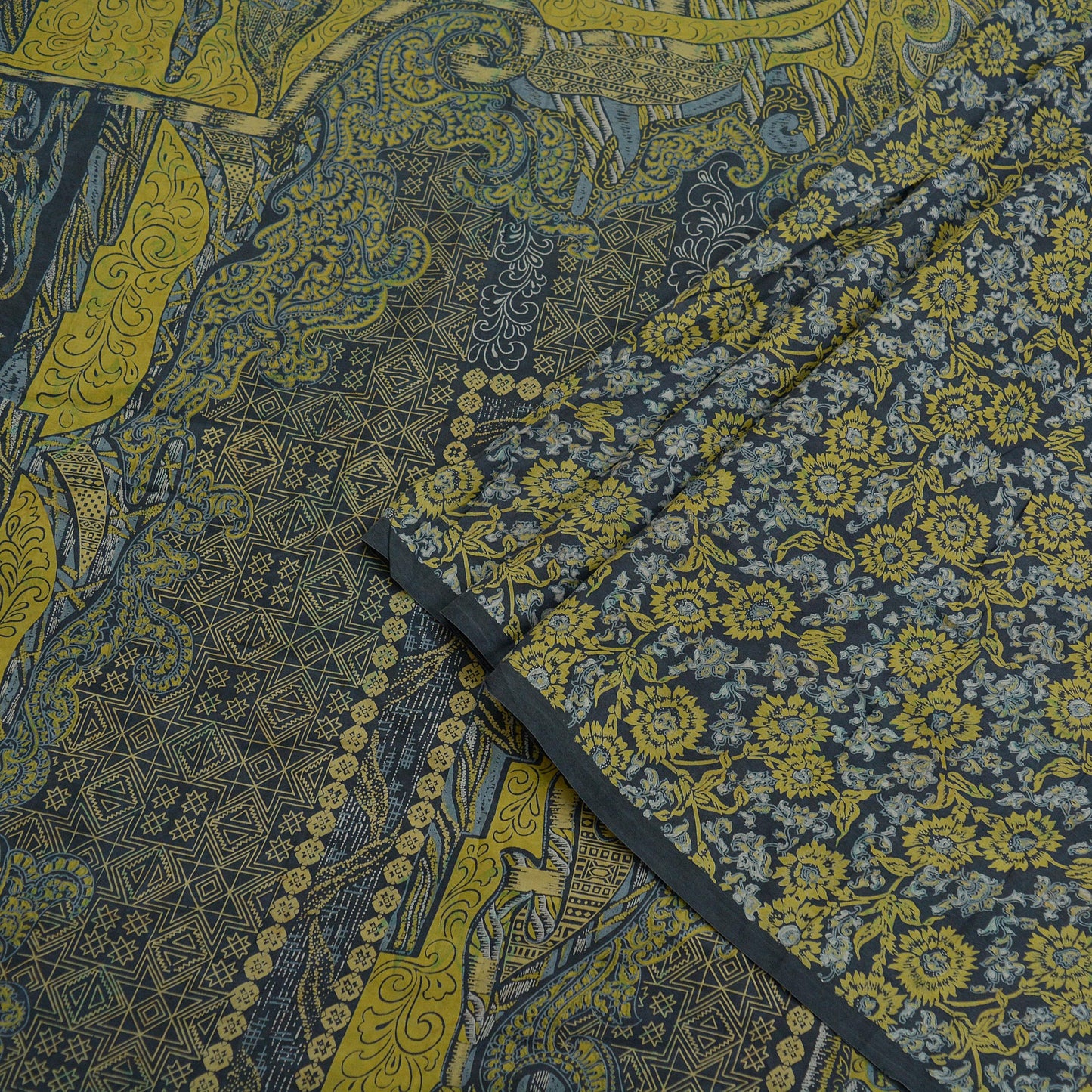 Indian Vintage Sari Gray 100% Pure Silk Printed Sarees Craft Fabric 5yd Sewing Soft Floral Dress Making Upcycle Quilting Crafting Wrap Used