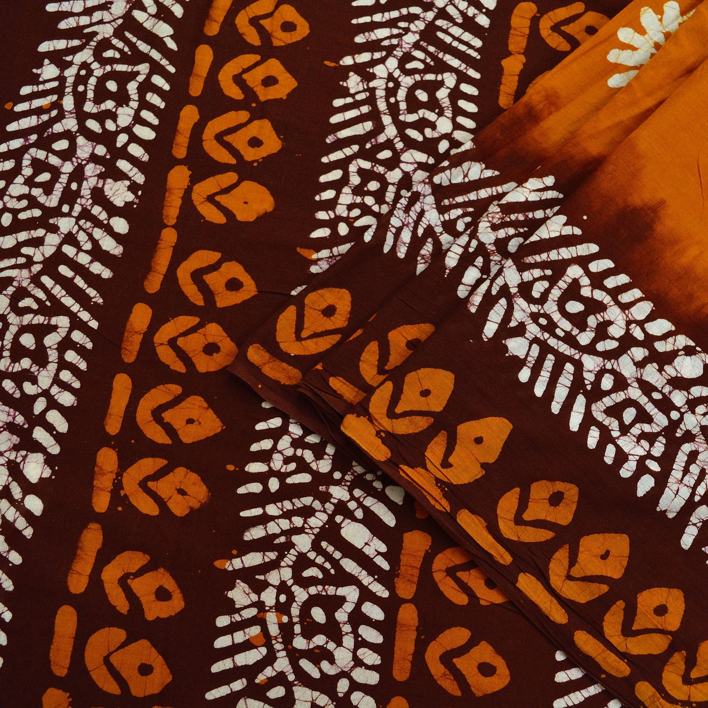 Indian Vintage Saffron & Brown Saree Batik Printed 100% Pure Cotton Sari Craft Fabric Soft 5Yd Sewing Sarong Wrap Boho Dress Making Upcycle