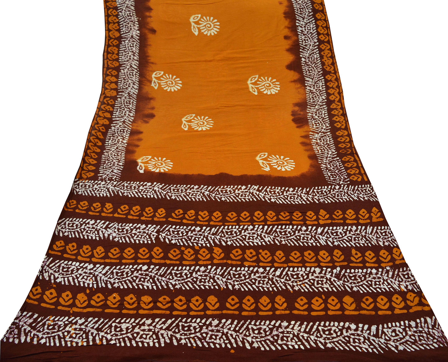 Indian Vintage Saffron & Brown Saree Batik Printed 100% Pure Cotton Sari Craft Fabric Soft 5Yd Sewing Sarong Wrap Boho Dress Making Upcycle