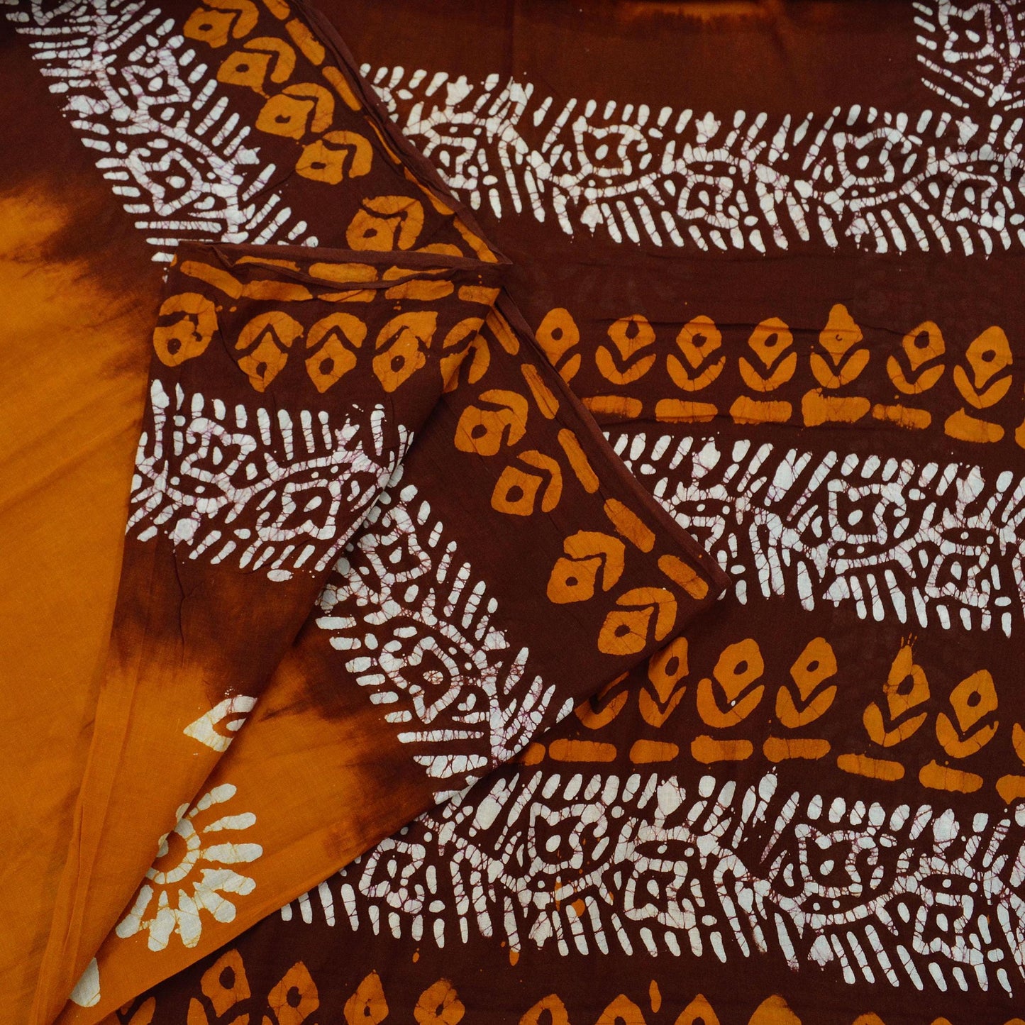 Indian Vintage Saffron & Brown Saree Batik Printed 100% Pure Cotton Sari Craft Fabric Soft 5Yd Sewing Sarong Wrap Boho Dress Making Upcycle
