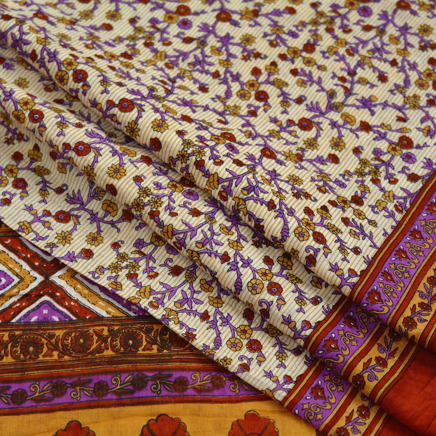 Indian Vintage Sari Ivory & Saffron Pure Cotton Printed Saree 5Yd Craft Fabric Sewing Sarong Wrap Boho Stripes Quilting crafting dressmaking