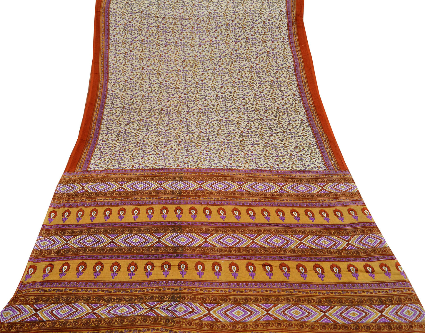 Indian Vintage Sari Ivory & Saffron Pure Cotton Printed Saree 5Yd Craft Fabric Sewing Sarong Wrap Boho Stripes Quilting crafting dressmaking