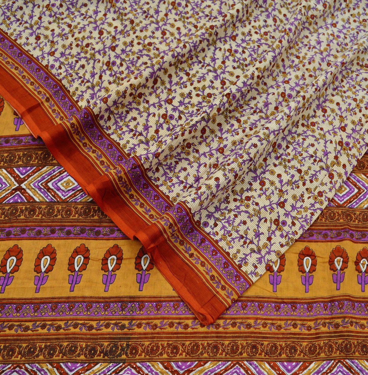 Indian Vintage Sari Ivory & Saffron Pure Cotton Printed Saree 5Yd Craft Fabric Sewing Sarong Wrap Boho Stripes Quilting crafting dressmaking