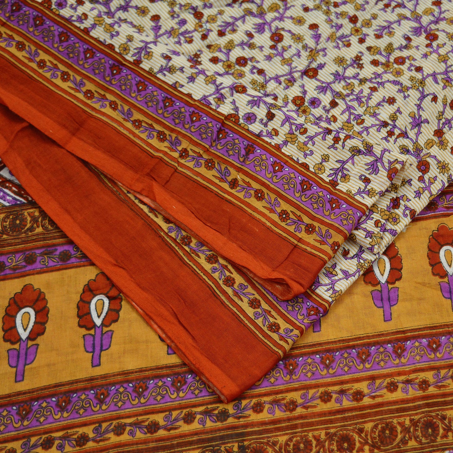 Indian Vintage Sari Ivory & Saffron Pure Cotton Printed Saree 5Yd Craft Fabric Sewing Sarong Wrap Boho Stripes Quilting crafting dressmaking