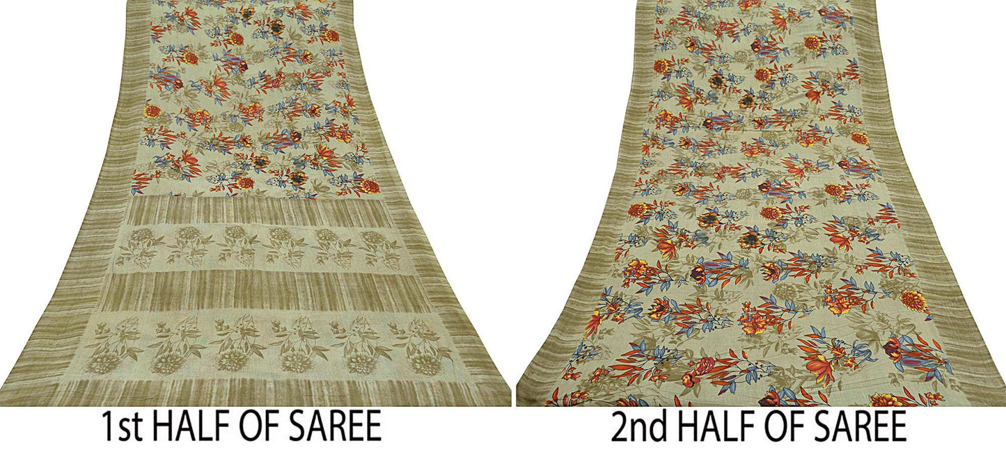 Indian Vintage Green Saree Printed Pure Cotton Sari Craft Fabric 5Yd Soft Sewing Sarong Wrap Boho Floral Dress making Quilting Crafting