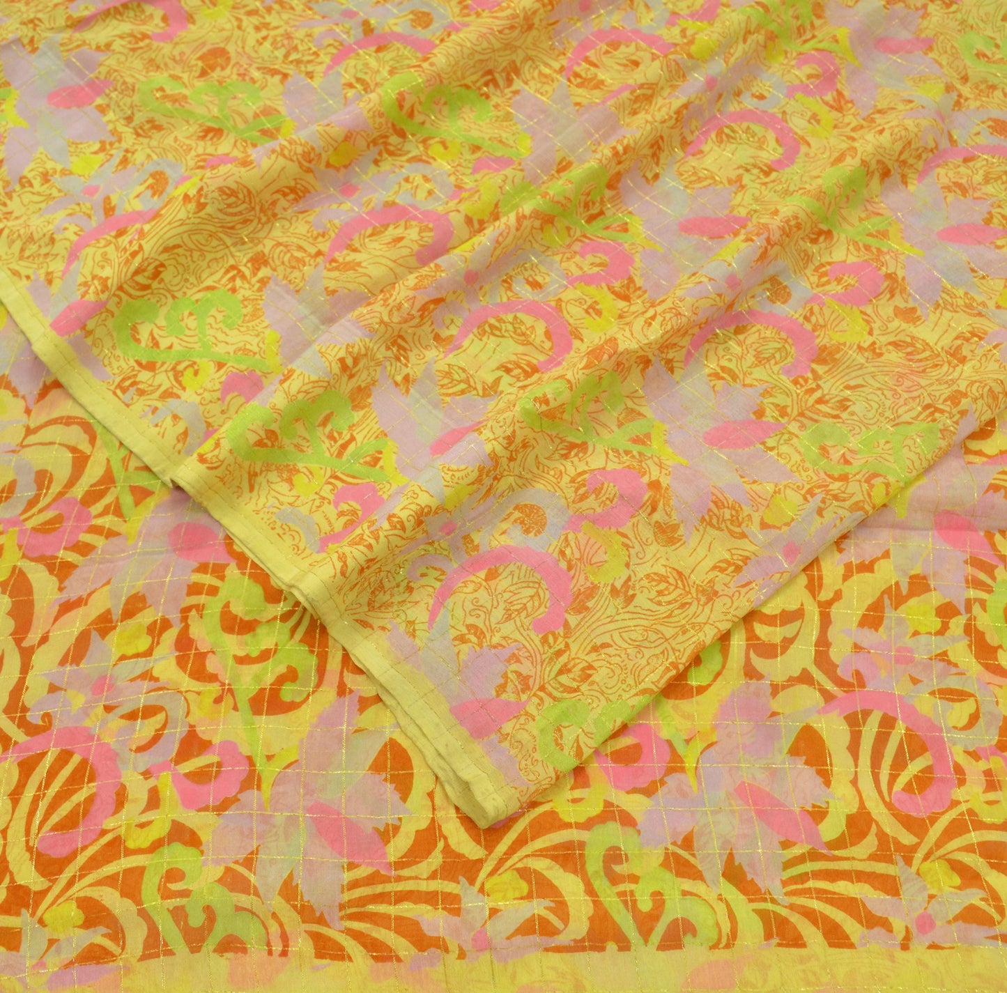Indian Vintage Sari Yellow Pure Silk Printed Saree 6yd Sewing Craft Fabric DressMaking Soft