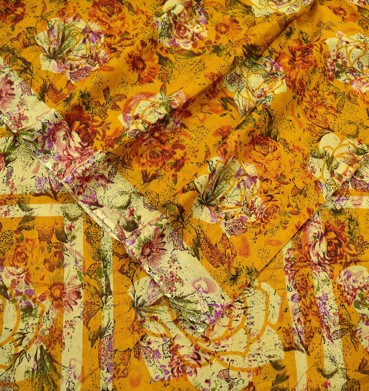 Indian Vintage Saffron & Beige Saree Printed Pure Cotton Indian Sari Craft Fabric 5Yd Sewing Soft Sarong Wrap Boho Floral Quilting Crafting