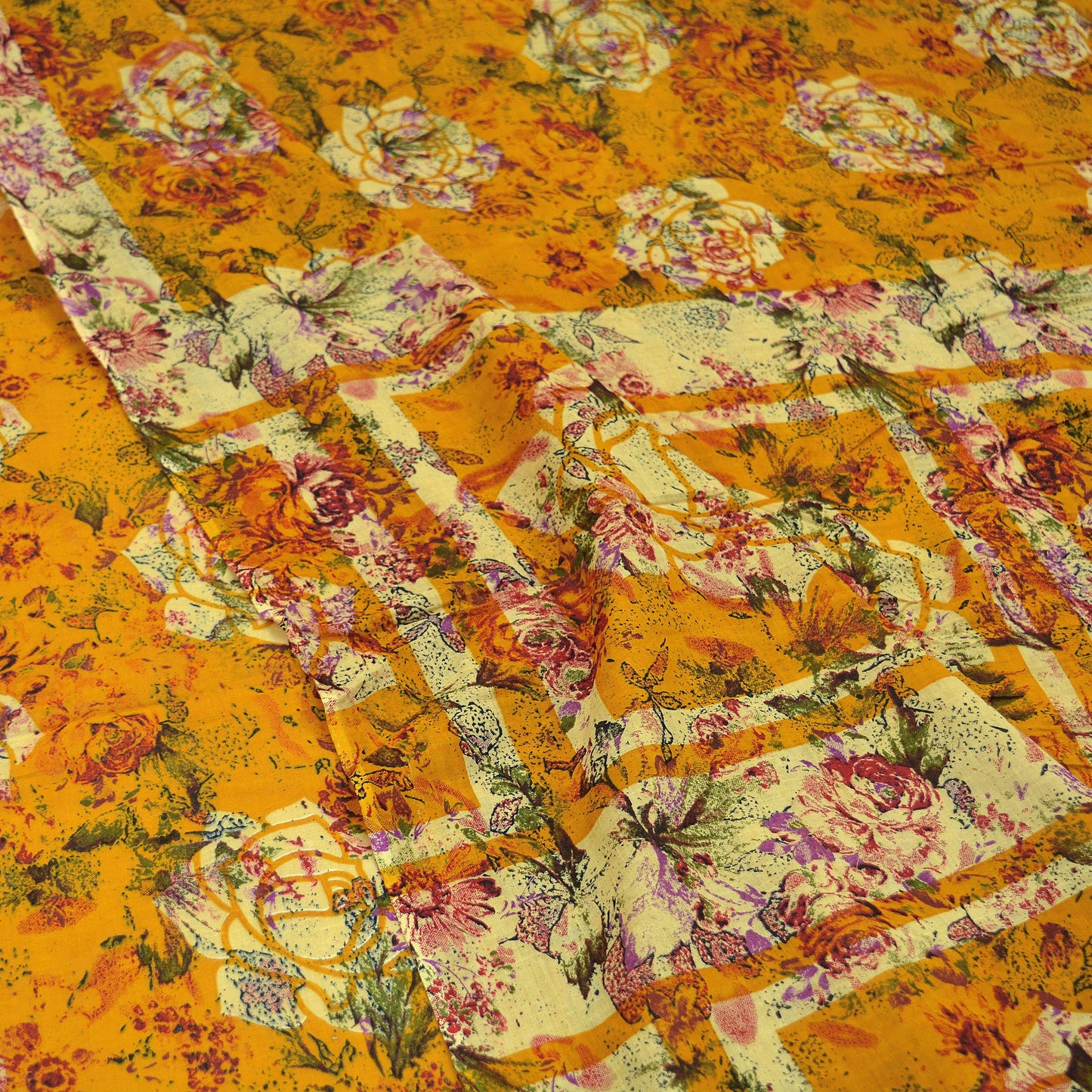 Indian Vintage Saffron & Beige Saree Printed Pure Cotton Indian Sari Craft Fabric 5Yd Sewing Soft Sarong Wrap Boho Floral Quilting Crafting