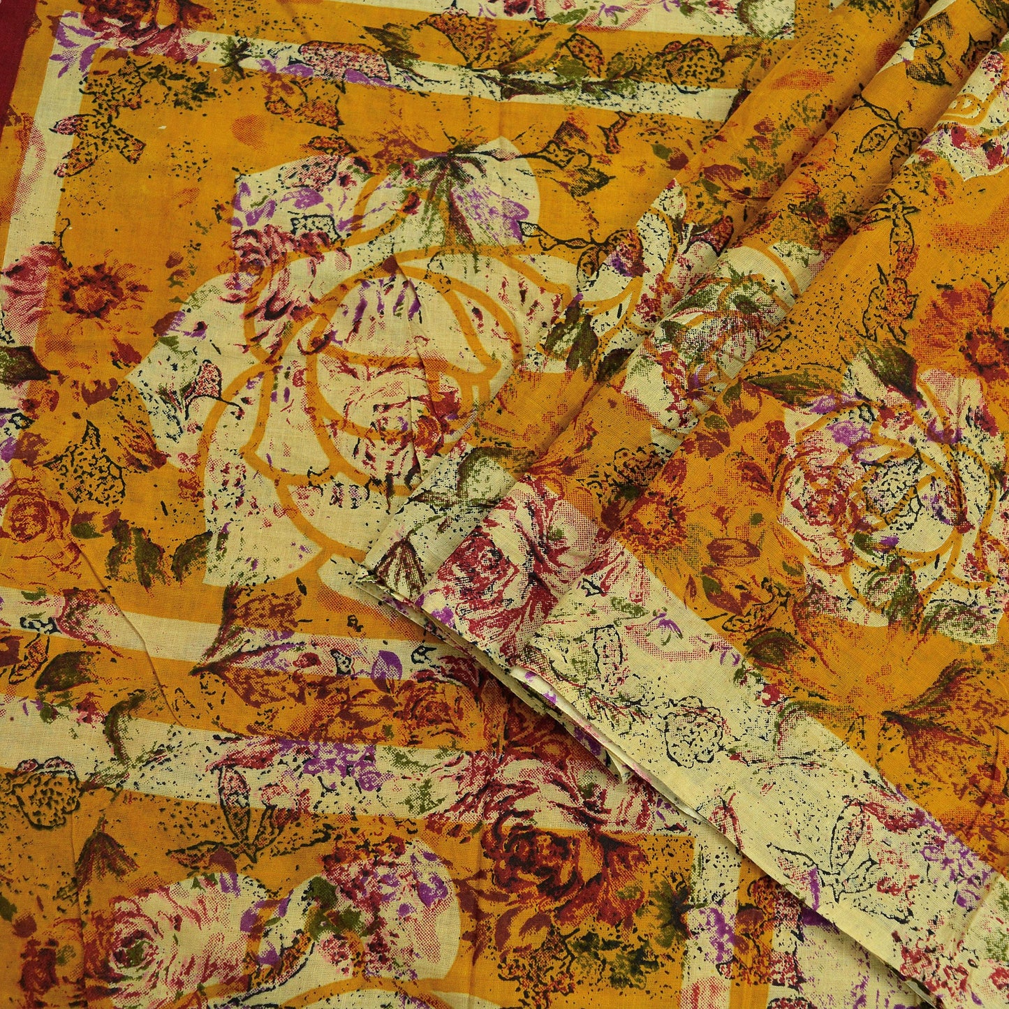 Indian Vintage Saffron & Beige Saree Printed Pure Cotton Indian Sari Craft Fabric 5Yd Sewing Soft Sarong Wrap Boho Floral Quilting Crafting
