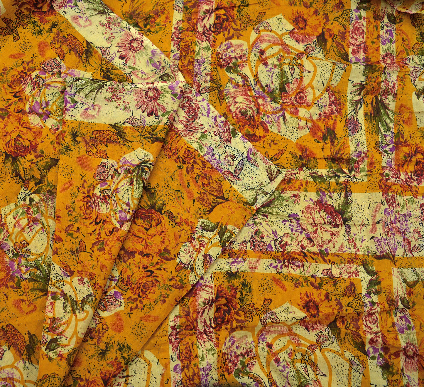 Indian Vintage Saffron & Beige Saree Printed Pure Cotton Indian Sari Craft Fabric 5Yd Sewing Soft Sarong Wrap Boho Floral Quilting Crafting