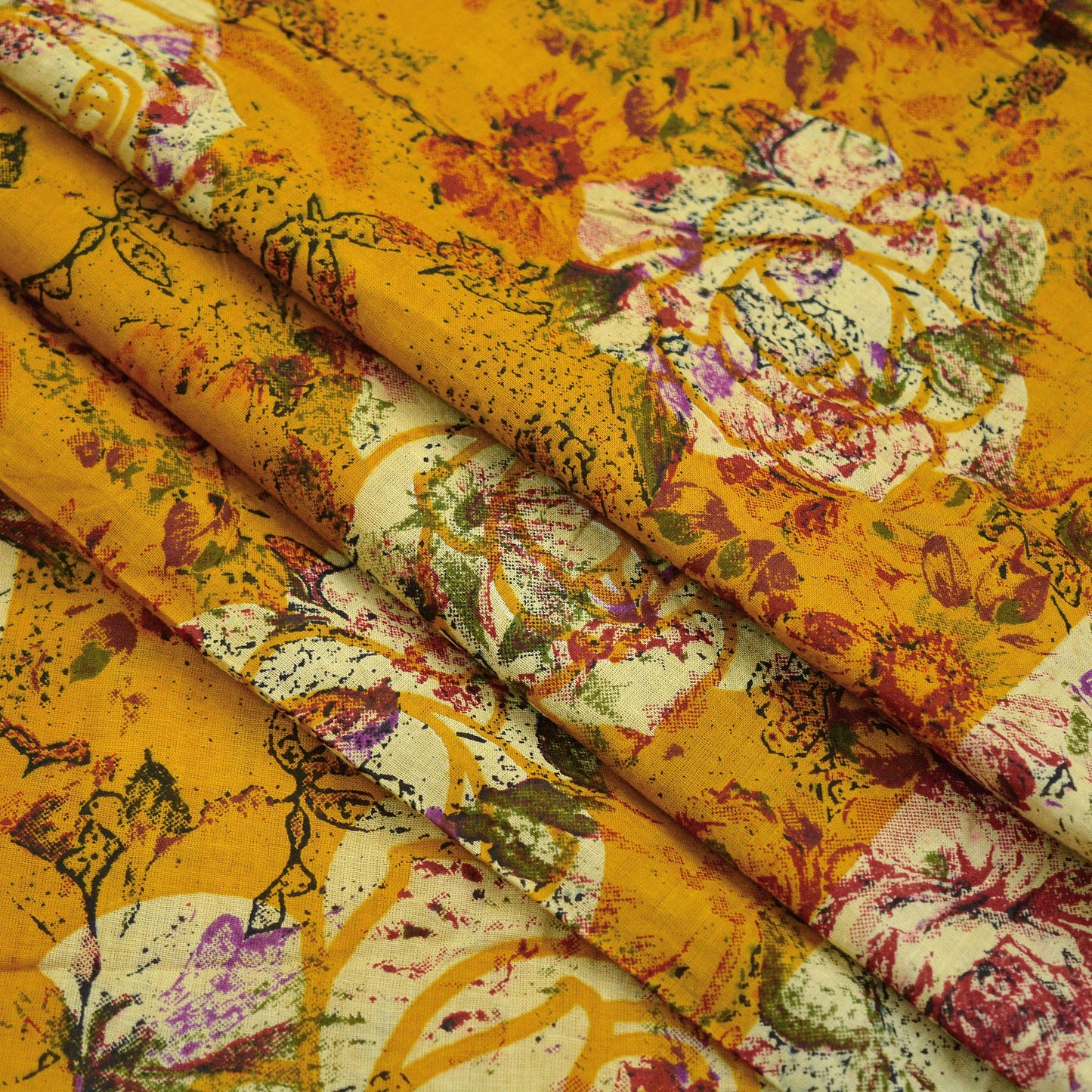Indian Vintage Saffron & Beige Saree Printed Pure Cotton Indian Sari Craft Fabric 5Yd Sewing Soft Sarong Wrap Boho Floral Quilting Crafting