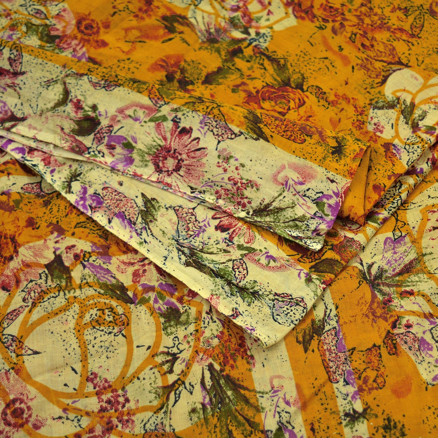 Indian Vintage Saffron & Beige Saree Printed Pure Cotton Indian Sari Craft Fabric 5Yd Sewing Soft Sarong Wrap Boho Floral Quilting Crafting