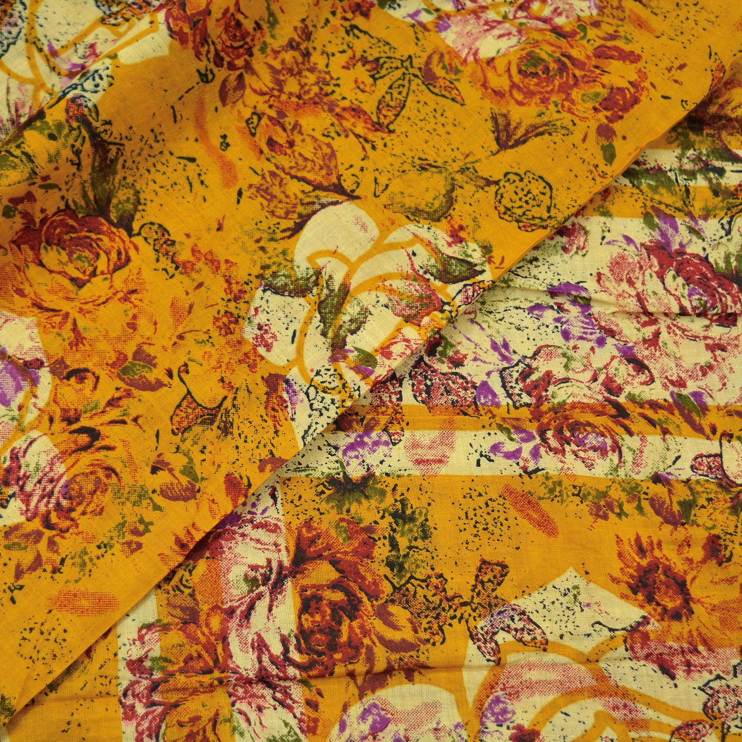Indian Vintage Saffron & Beige Saree Printed Pure Cotton Indian Sari Craft Fabric 5Yd Sewing Soft Sarong Wrap Boho Floral Quilting Crafting