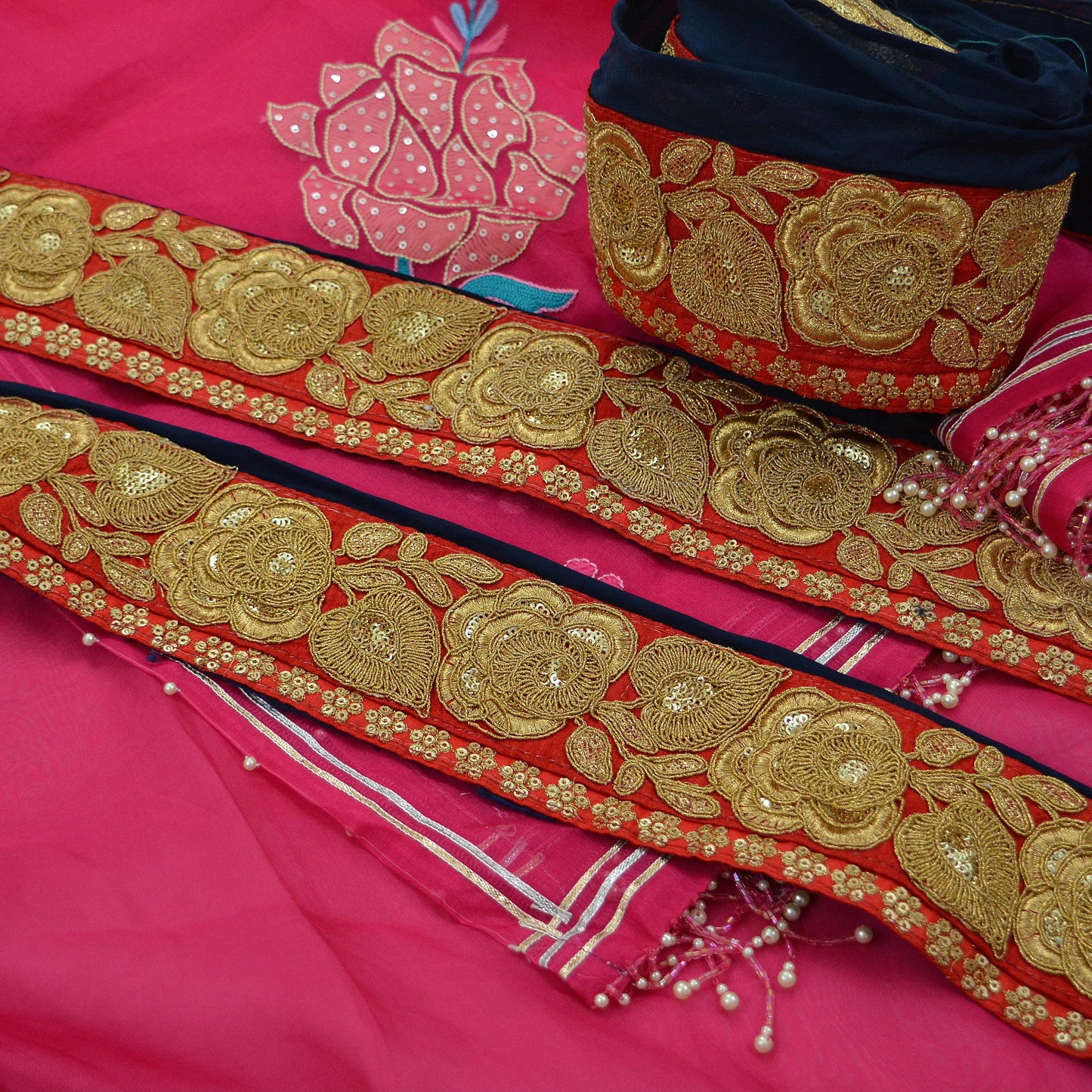 Indian Vintage Red & Blue Sari Border Hand Embroidered Indian Craft Trim Lace Sewing Sari Ribbon Pure Crepe silk Zari