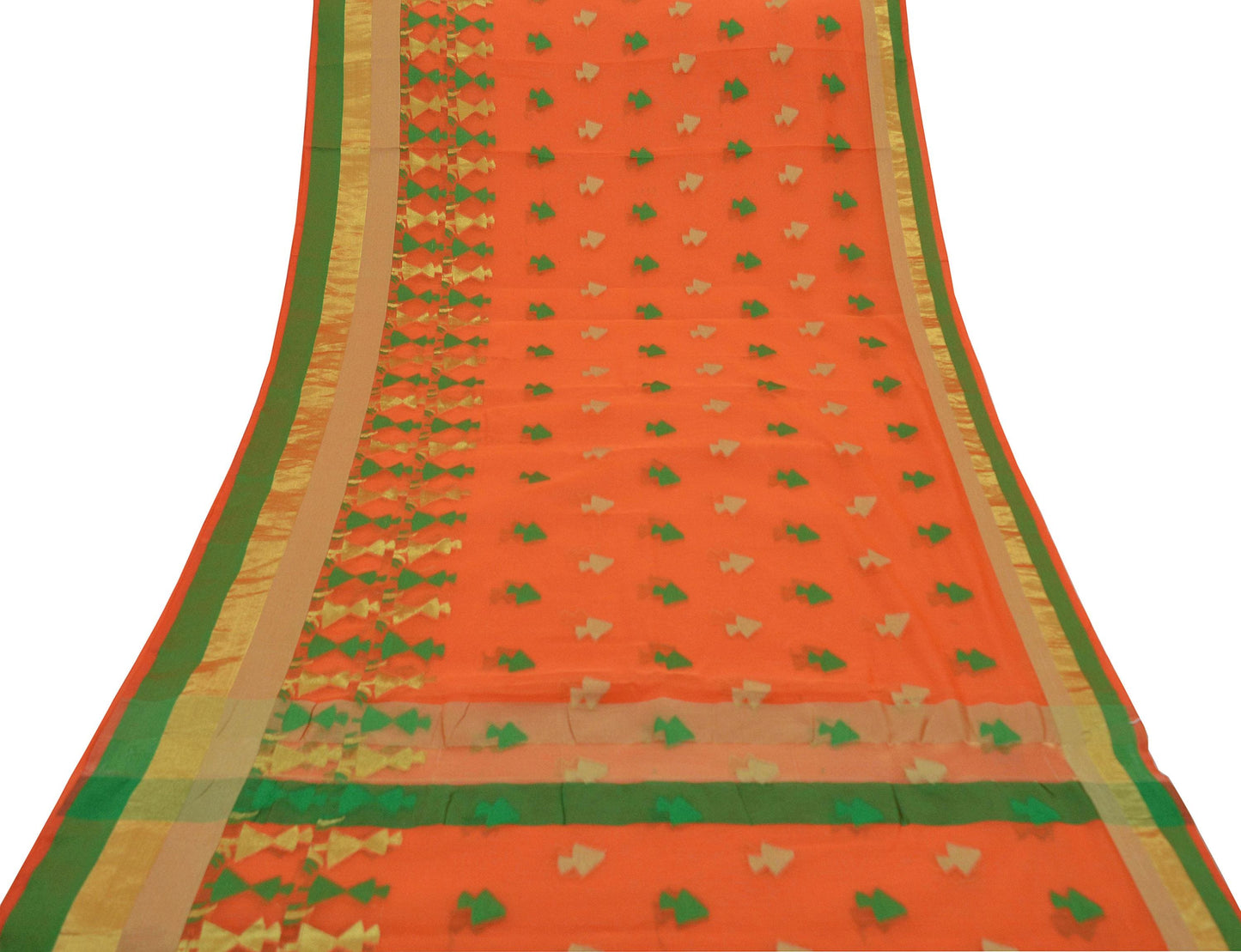 Indian Vintage Sari Orange Hand Woven Saree Organza Craft Fabric 6Yd Ethnic Sewing Geometric Zari Crafting Quilting Upcycle Dress making