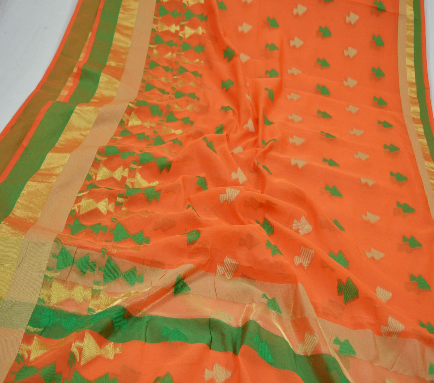 Indian Vintage Sari Orange Hand Woven Saree Organza Craft Fabric 6Yd Ethnic Sewing Geometric Zari Crafting Quilting Upcycle Dress making