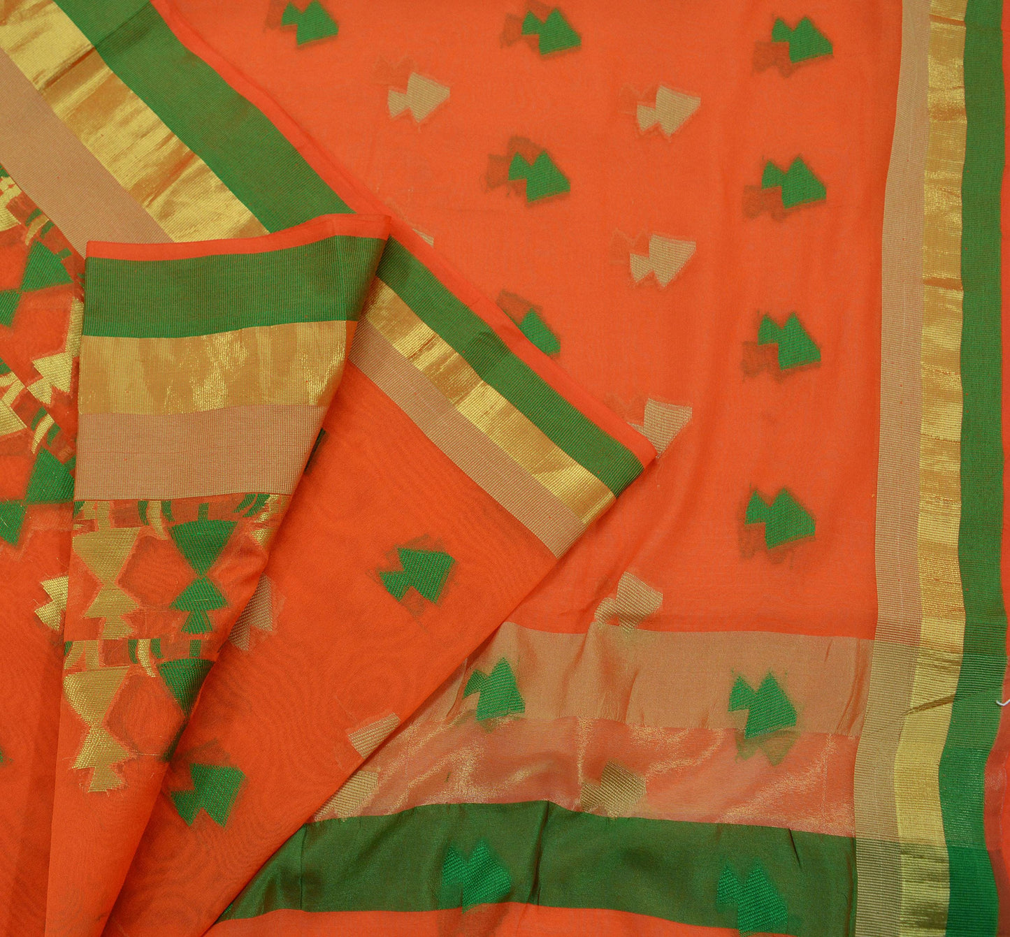 Indian Vintage Sari Orange Hand Woven Saree Organza Craft Fabric 6Yd Ethnic Sewing Geometric Zari Crafting Quilting Upcycle Dress making
