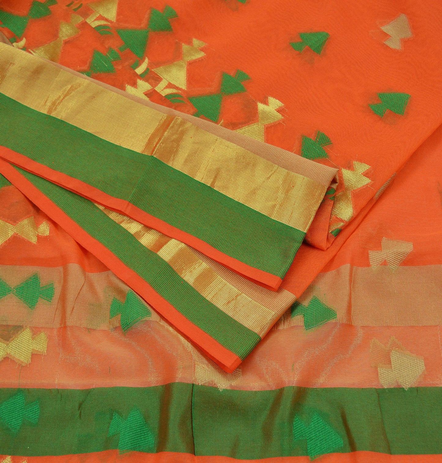 Indian Vintage Sari Orange Hand Woven Saree Organza Craft Fabric 6Yd Ethnic Sewing Geometric Zari Crafting Quilting Upcycle Dress making