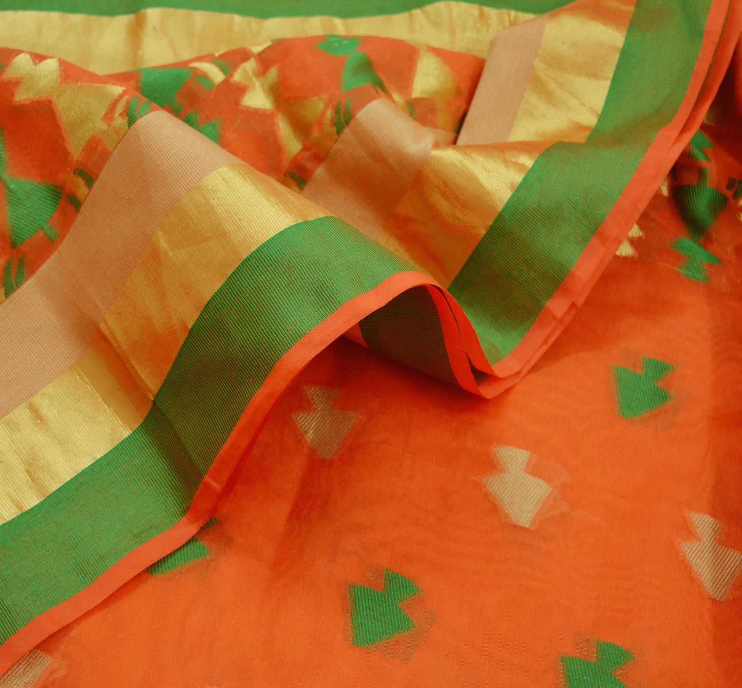 Indian Vintage Sari Orange Hand Woven Saree Organza Craft Fabric 6Yd Ethnic Sewing Geometric Zari Crafting Quilting Upcycle Dress making