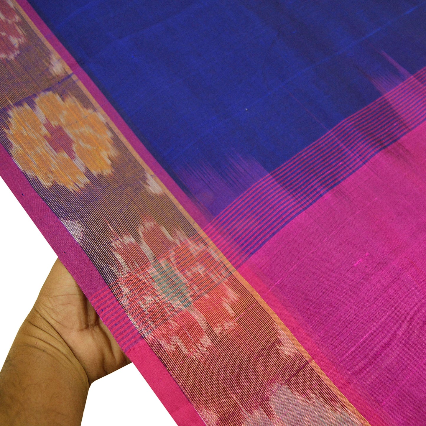 Indian Vintage Sari Blue & Pink Blend Cotton Hand Woven Saree Fabric 5Yd Golden Zari Border Fringes on pallu Dress making Bollywood Sarees