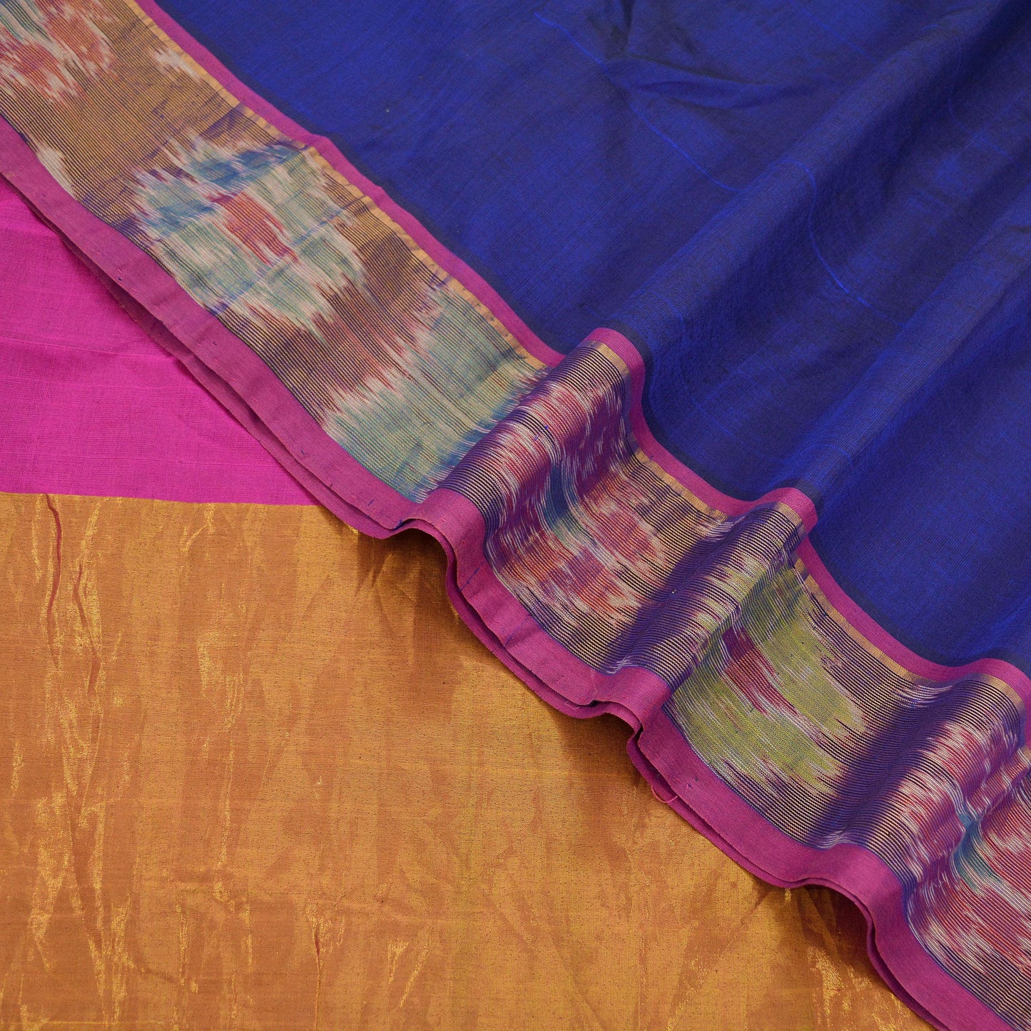 Indian Vintage Sari Blue & Pink Blend Cotton Hand Woven Saree Fabric 5Yd Golden Zari Border Fringes on pallu Dress making Bollywood Sarees