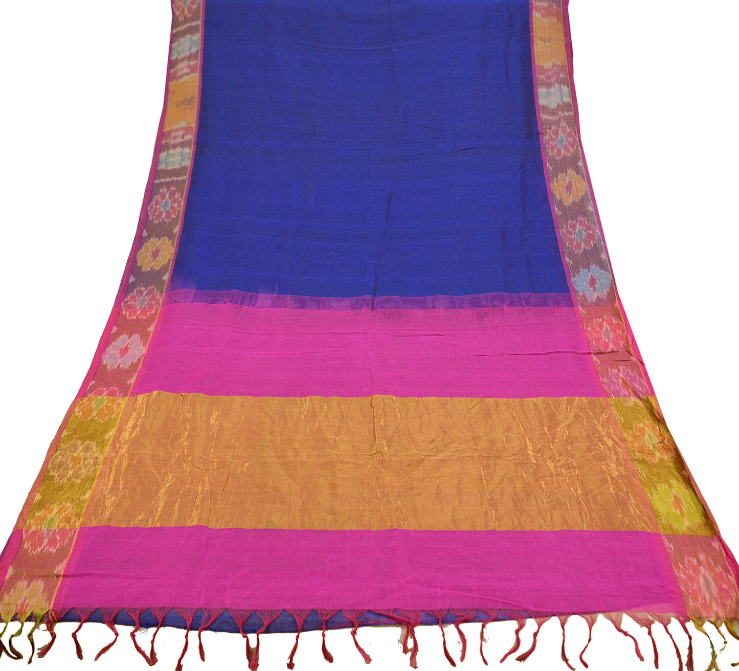 Indian Vintage Sari Blue & Pink Blend Cotton Hand Woven Saree Fabric 5Yd Golden Zari Border Fringes on pallu Dress making Bollywood Sarees