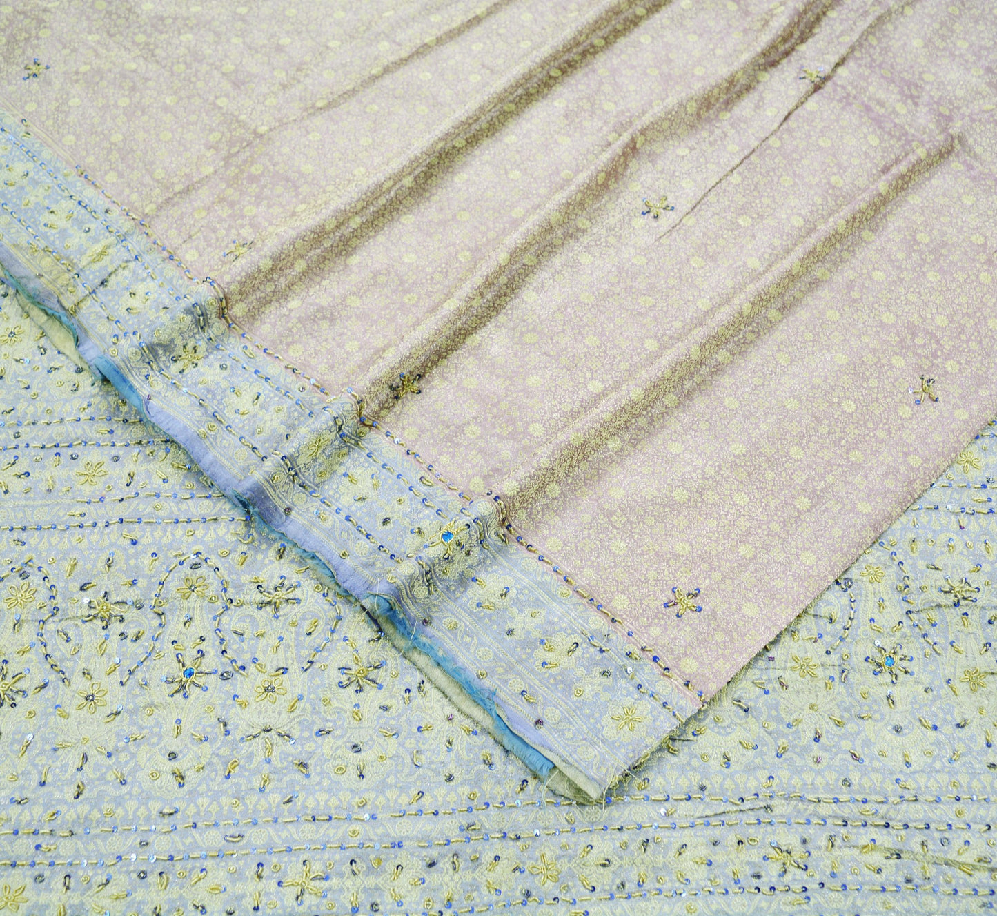 Indian Vintage Heavy Wedding Sari Pure Satin Silk Hand Embroidered Banarsi Brocade Sarees 5Yd Ethnic Fabric Zari/Zardozi/Dabka Dress Making