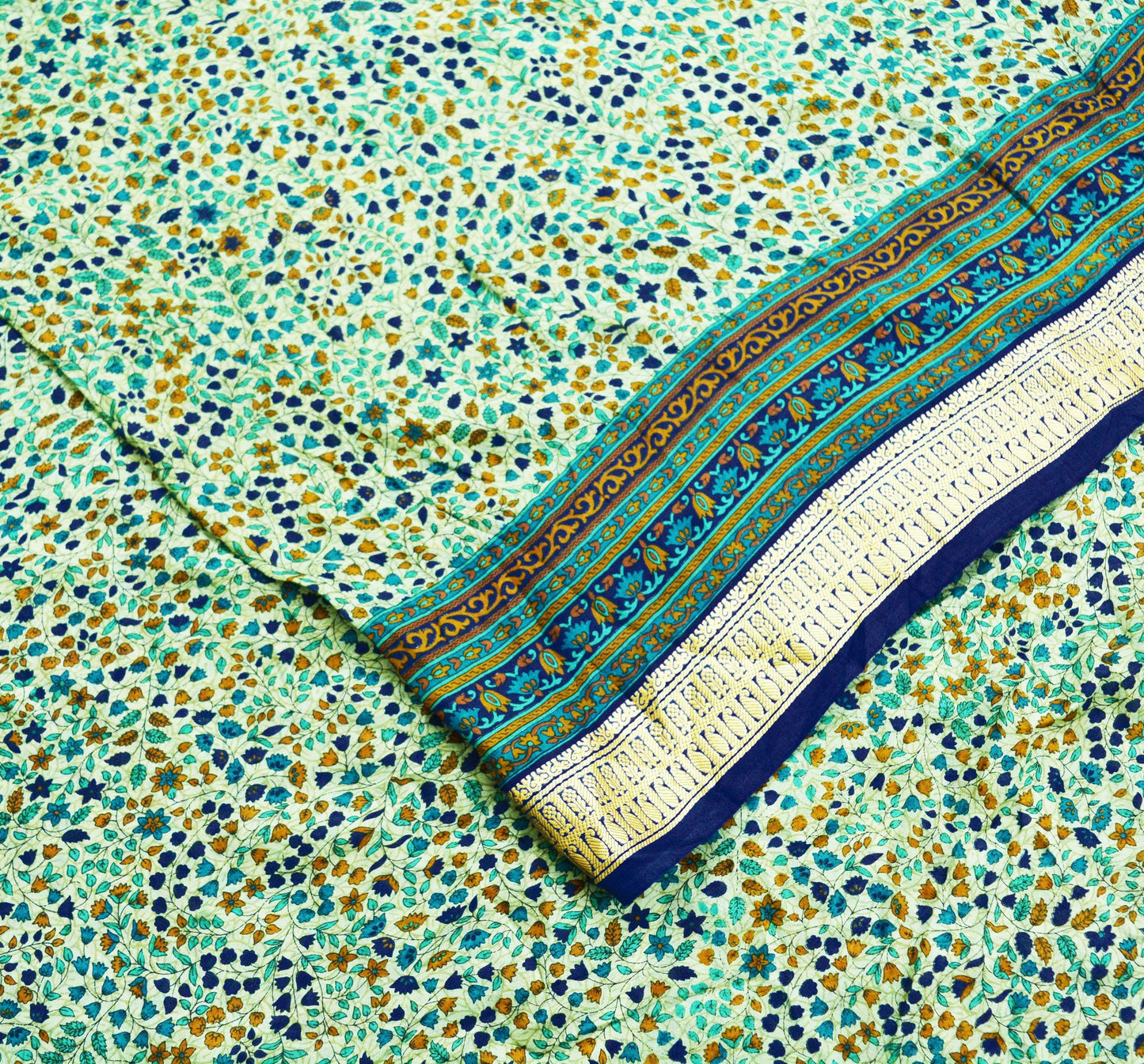 Indian Vintage Sari Green & Blue 100% Pure Silk Printed Sarees 5yd Sewing Craft Fabric Dress Making Soft Woven Border Upcycle Quilting