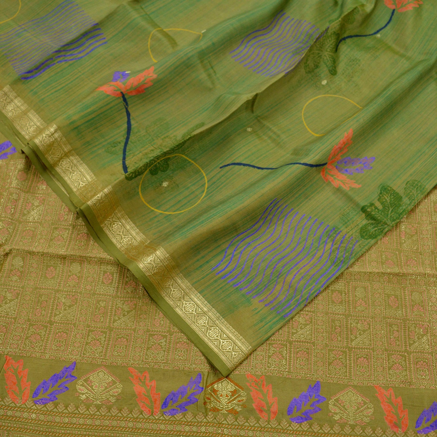 Indian Vintage Sari Green Pure Silk Hand Woven Sarees Craft Fabric 5Yd Sewing Ethnic Zari Border Dress Making Crafting Quilting Upcycle