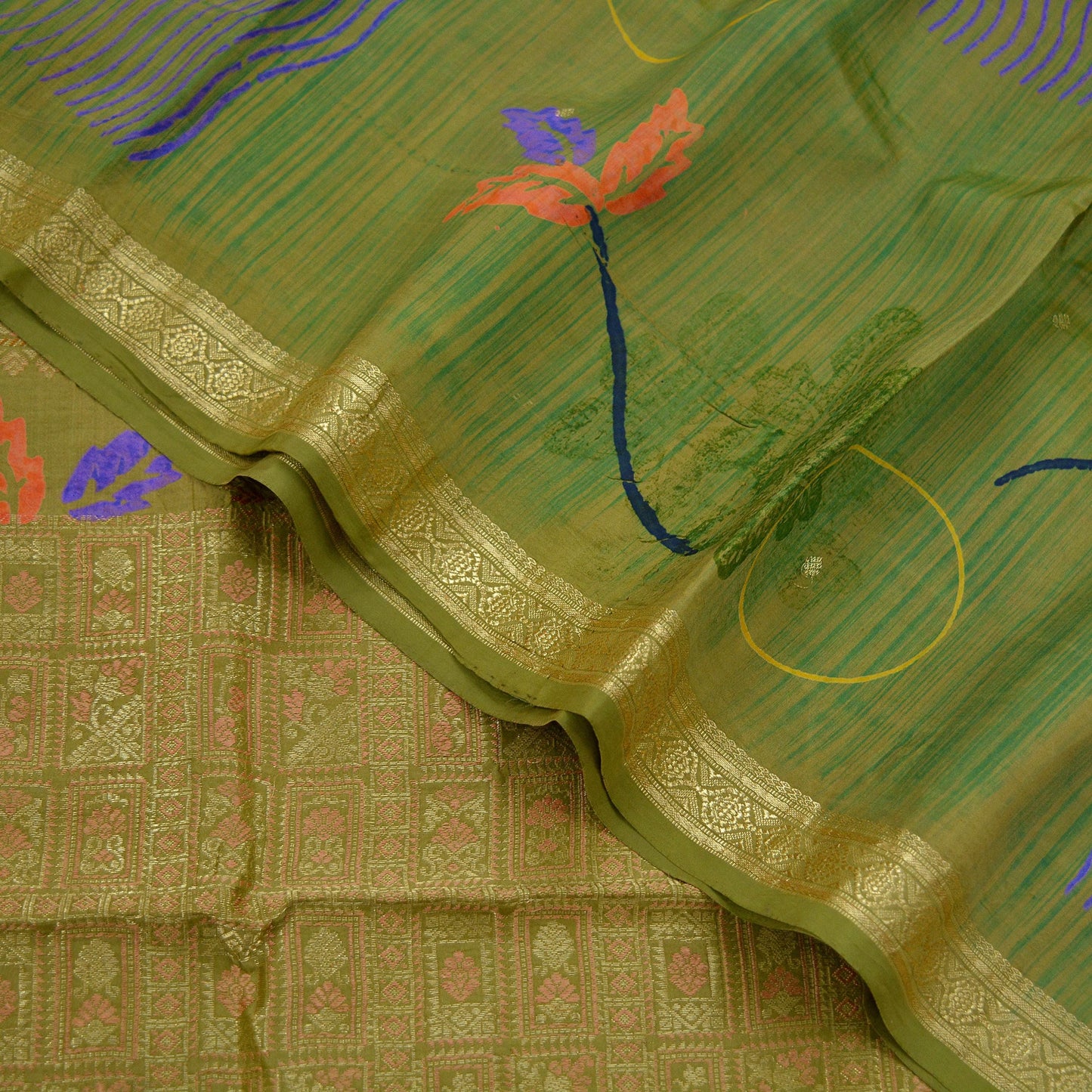 Indian Vintage Sari Green Pure Silk Hand Woven Sarees Craft Fabric 5Yd Sewing Ethnic Zari Border Dress Making Crafting Quilting Upcycle