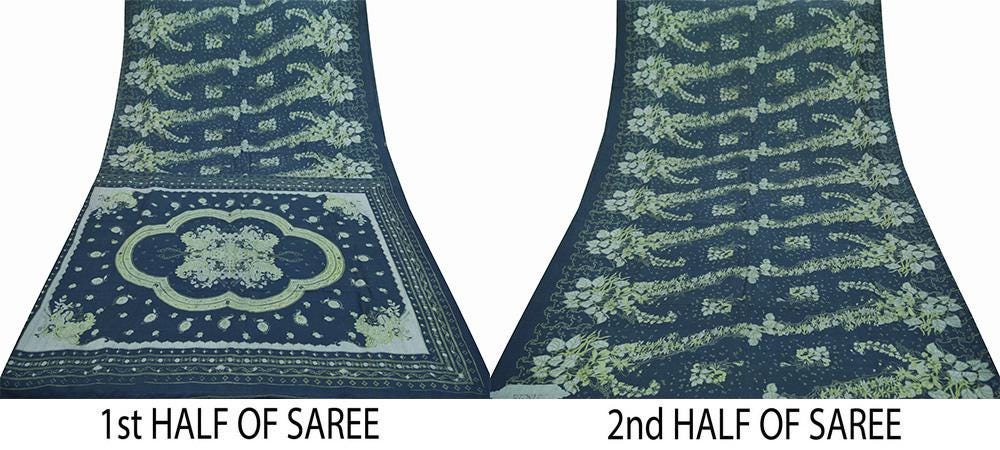 Indian Vintage Sari Deep Blue 100% Pure Silk Printed Sarees 5yd Sewing Craft Fabric Dress Making Floral Wrap used Quilting Crafting Upcycle