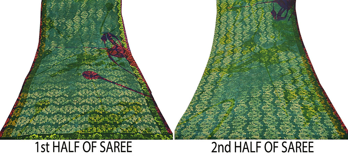 Vintage Sari Green Blend Georgette Digital Printed Sarees Sewing 5yd Soft Craft Fabric Floral Crafting Dress Making Quilting Crafting Used