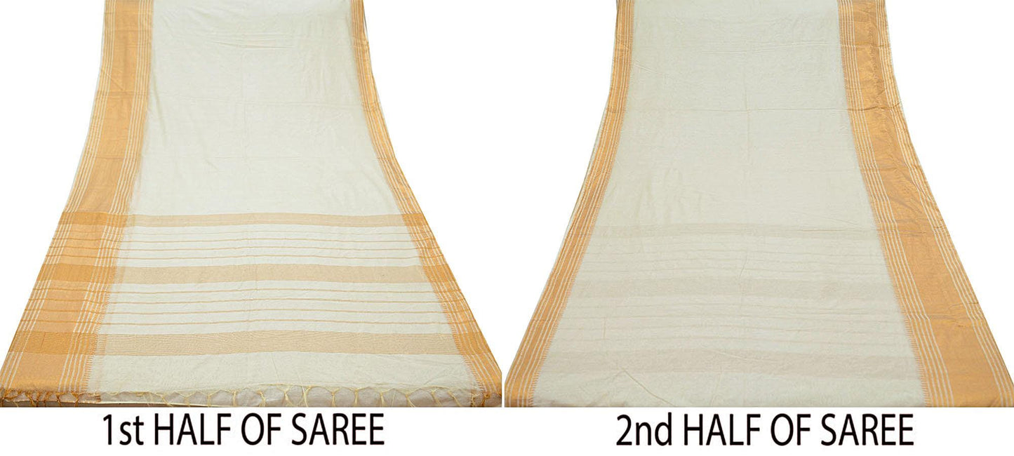 Indian Vintage Heavy Sari Off-White Woven South Sarees Blend Silk Zari 5Yd Fringes on pallu Wedding Sarees Dress making Crafting