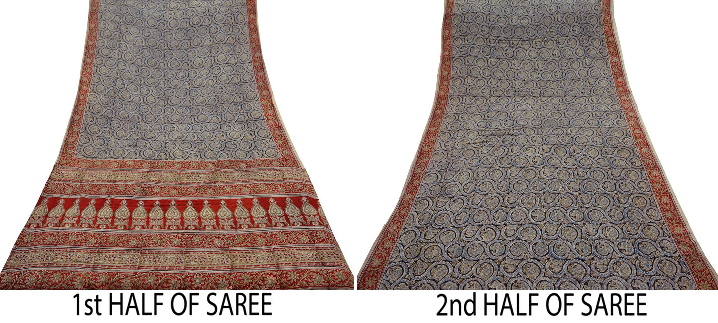 Indian Vintage Sari Red & Black Block Printed Pure Cotton Saree Craft Soft Fabric 5Yd Sewing Sarong Wrap Boho Paisley Dress making Quilting