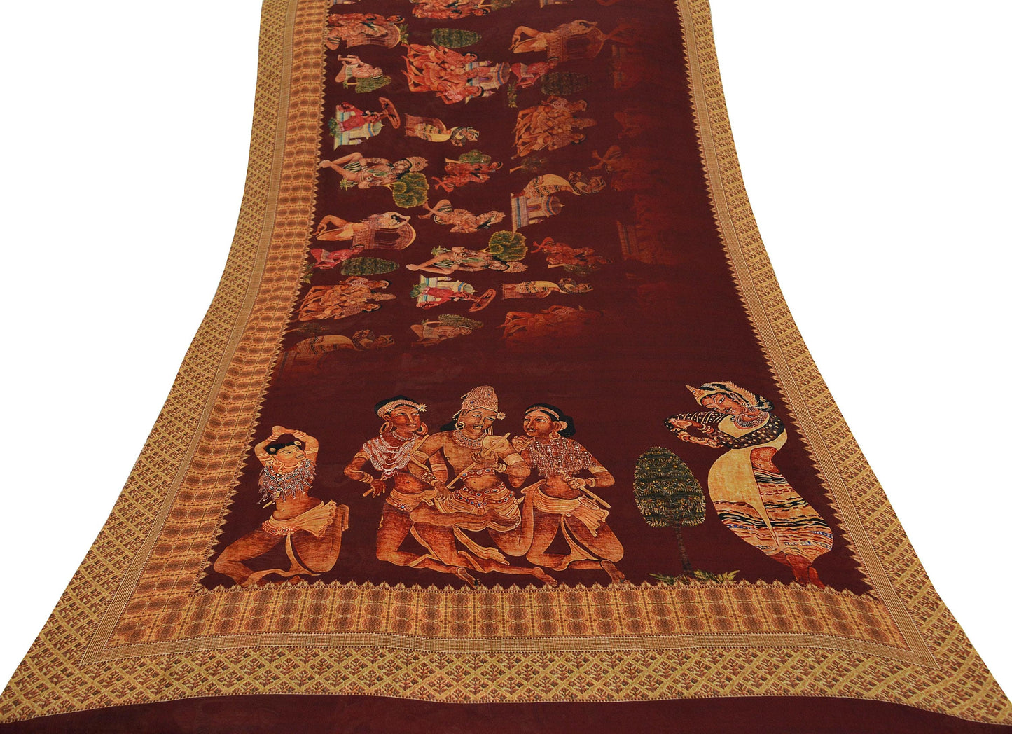 Vintage Sari Maroon Blend Georgette Digital Printed Sarees Sewing 5yd Soft Craft Fabric Humans Crafting Dress Making Quilting Crafting Used