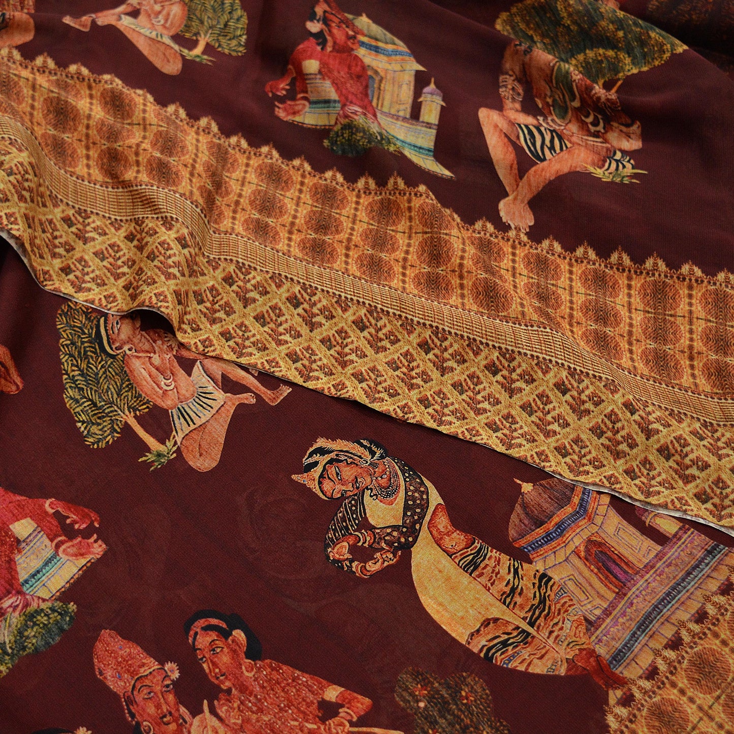 Vintage Sari Maroon Blend Georgette Digital Printed Sarees Sewing 5yd Soft Craft Fabric Humans Crafting Dress Making Quilting Crafting Used