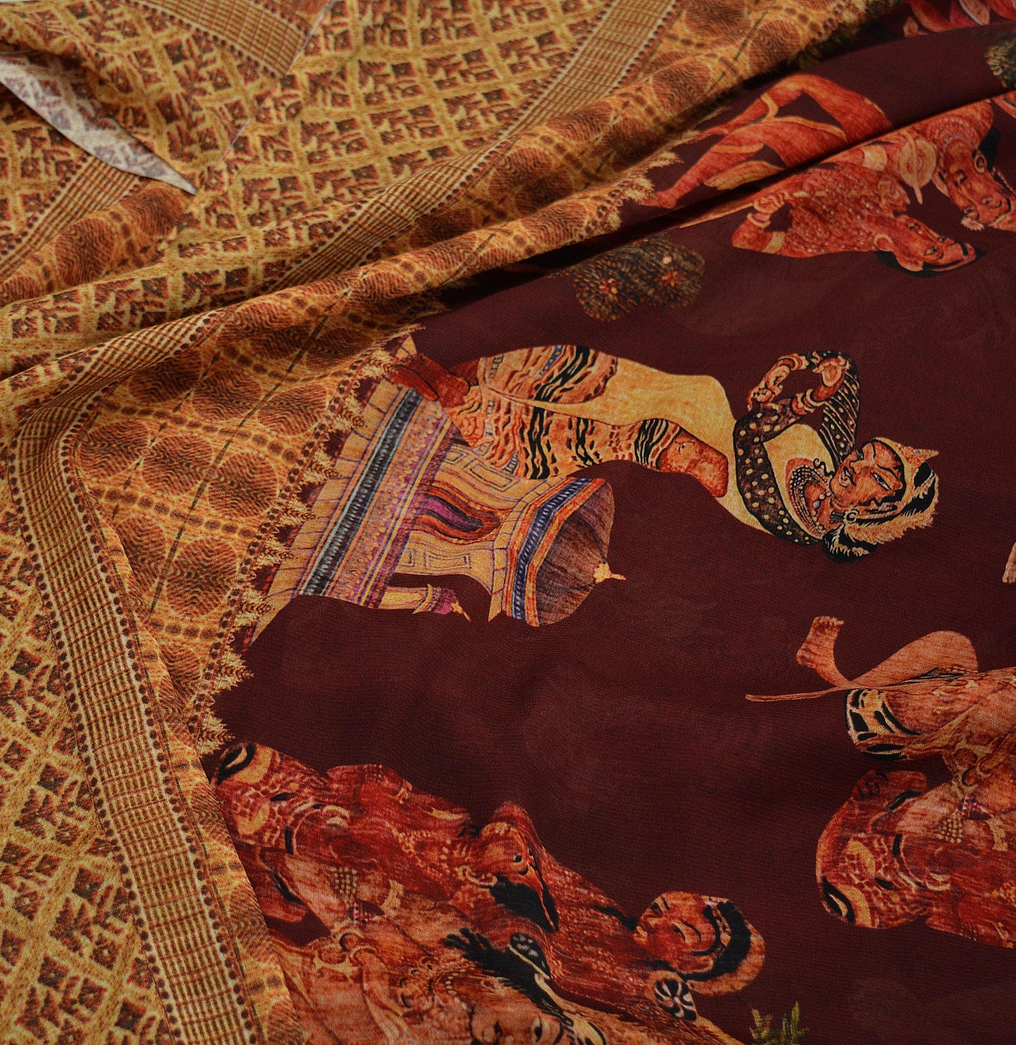 Vintage Sari Maroon Blend Georgette Digital Printed Sarees Sewing 5yd Soft Craft Fabric Humans Crafting Dress Making Quilting Crafting Used