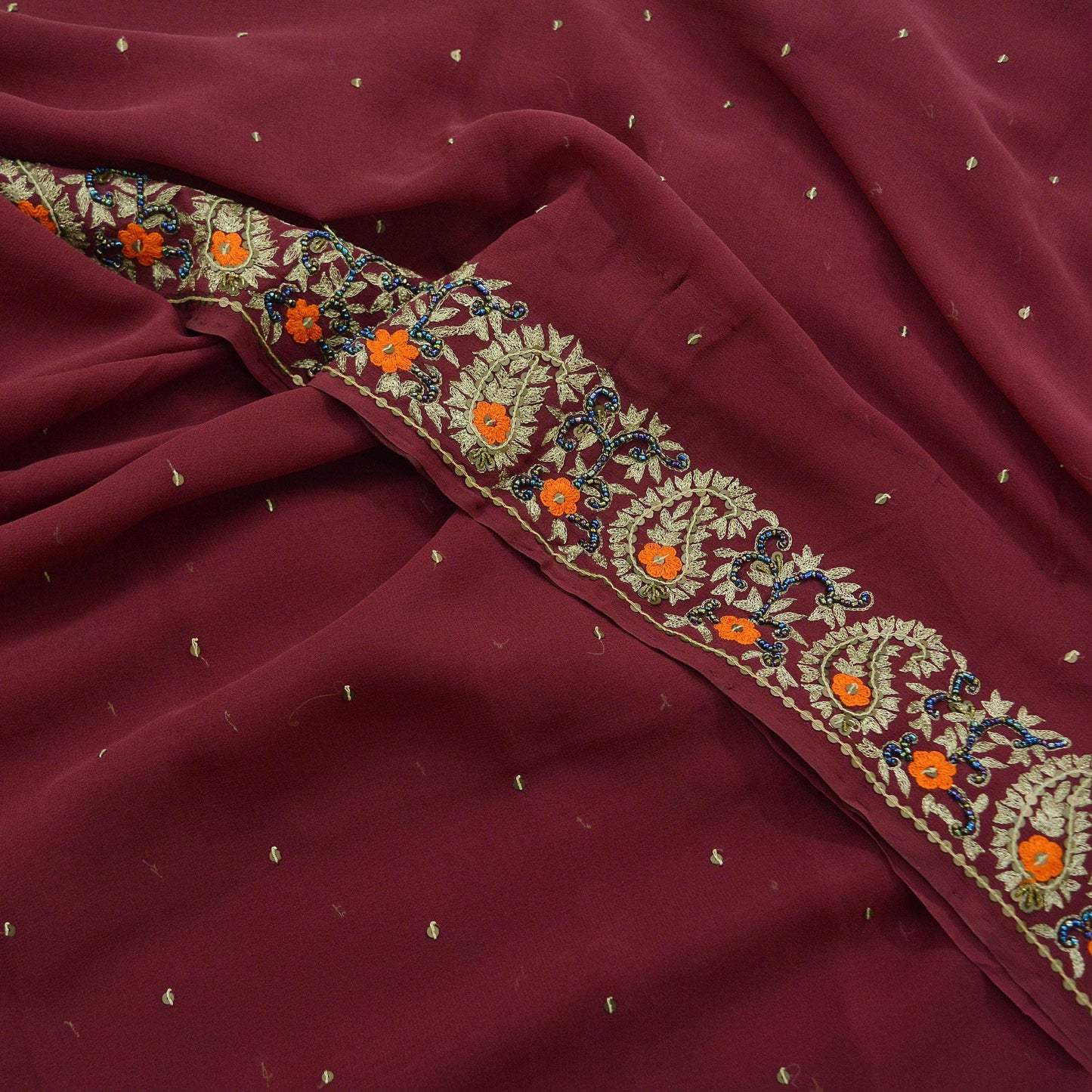 Indian Vintage Sari Maroon Hand Embroidered Pure Georgette Silk Sarees Craft Fabric 5Yd Sequins Wedding Sarees Quilting Crafting Upcycle