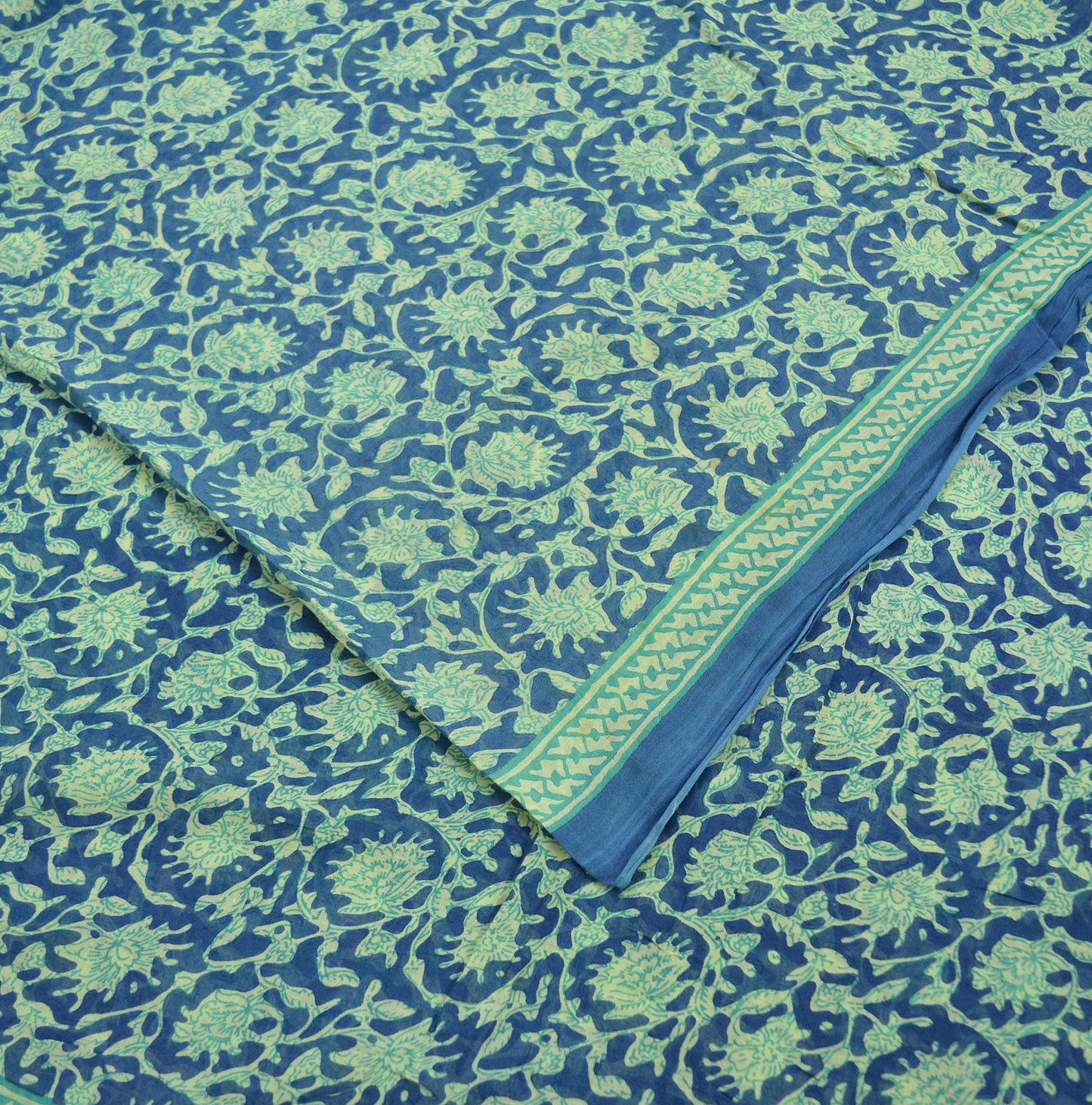 Indian Vintage Sari Blue & Ivory Printed Pure Cotton Sarees Craft Fabric 5Yd Soft Sewing Sarong Wrap Boho Floral Quilting Crafting Upcycle