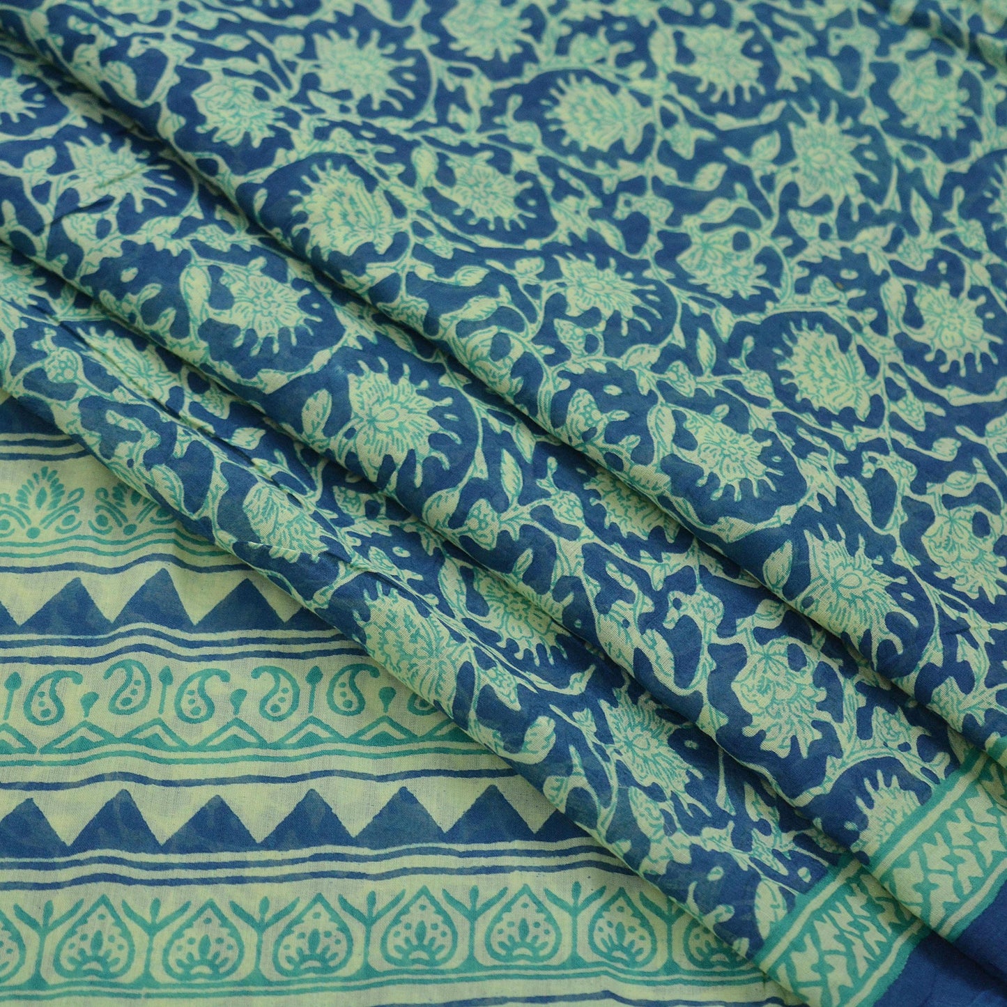 Indian Vintage Sari Blue & Ivory Printed Pure Cotton Sarees Craft Fabric 5Yd Soft Sewing Sarong Wrap Boho Floral Quilting Crafting Upcycle