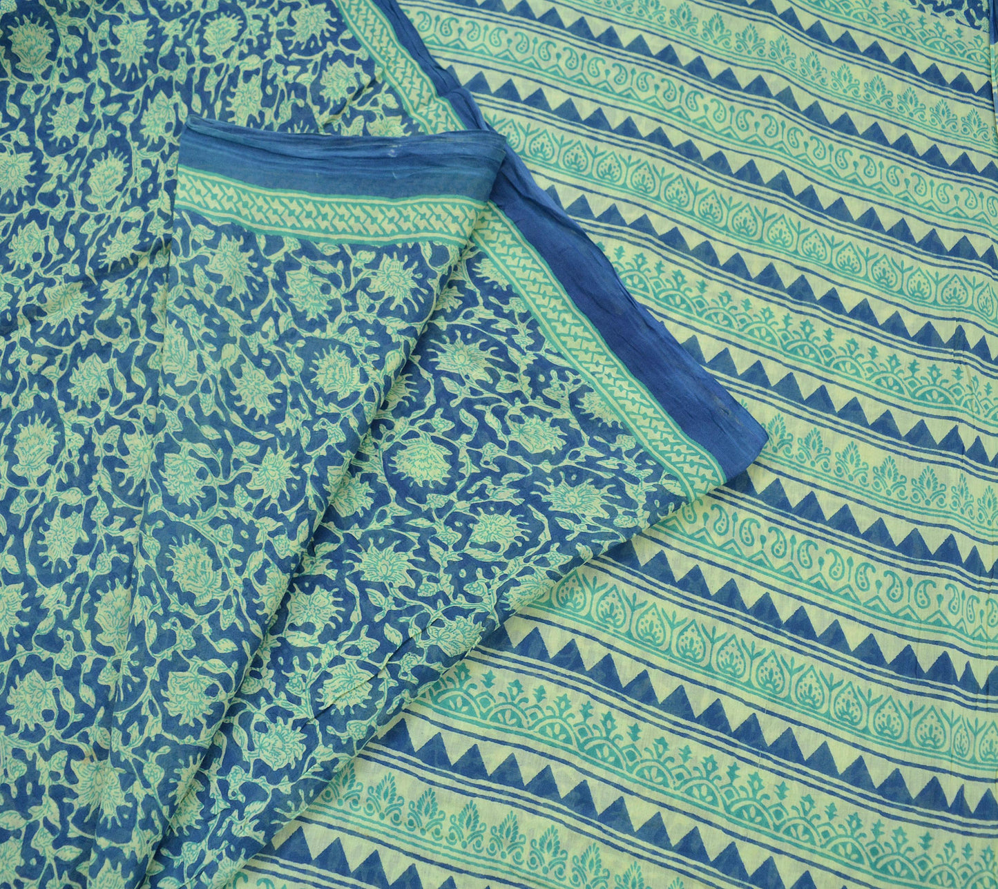 Indian Vintage Sari Blue & Ivory Printed Pure Cotton Sarees Craft Fabric 5Yd Soft Sewing Sarong Wrap Boho Floral Quilting Crafting Upcycle