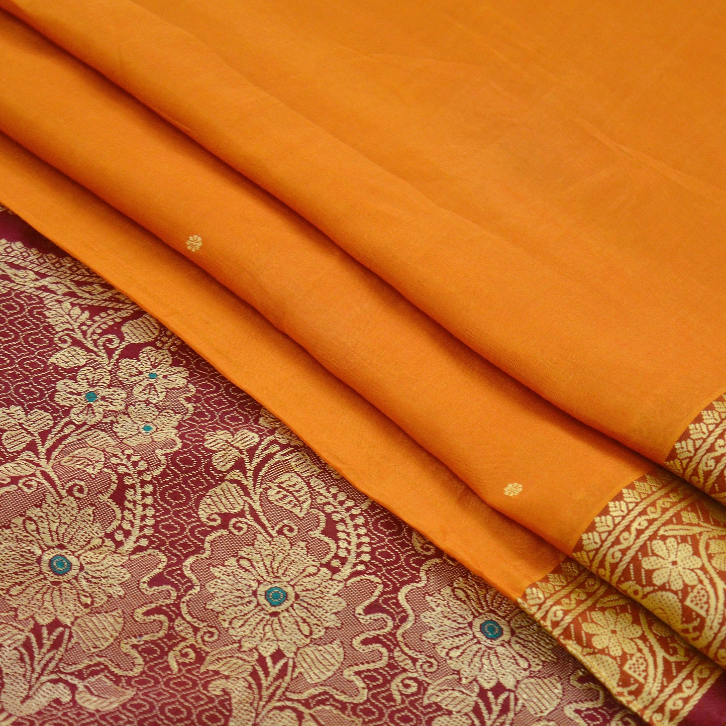Indian Vintage Sari Saffron & Maroon Pure Cotton Hand Woven Saree 5yd Craft Fabric Ethnic Soft Floral Dress Making Crafting Quilting Upcycle