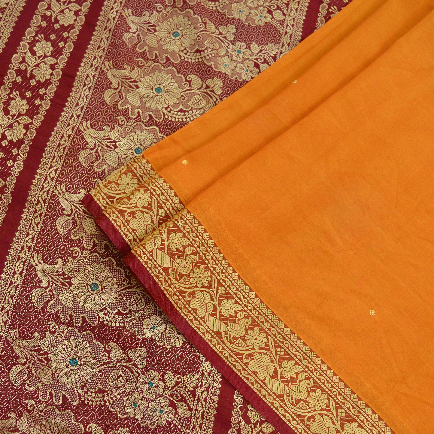 Indian Vintage Sari Saffron & Maroon Pure Cotton Hand Woven Saree 5yd Craft Fabric Ethnic Soft Floral Dress Making Crafting Quilting Upcycle